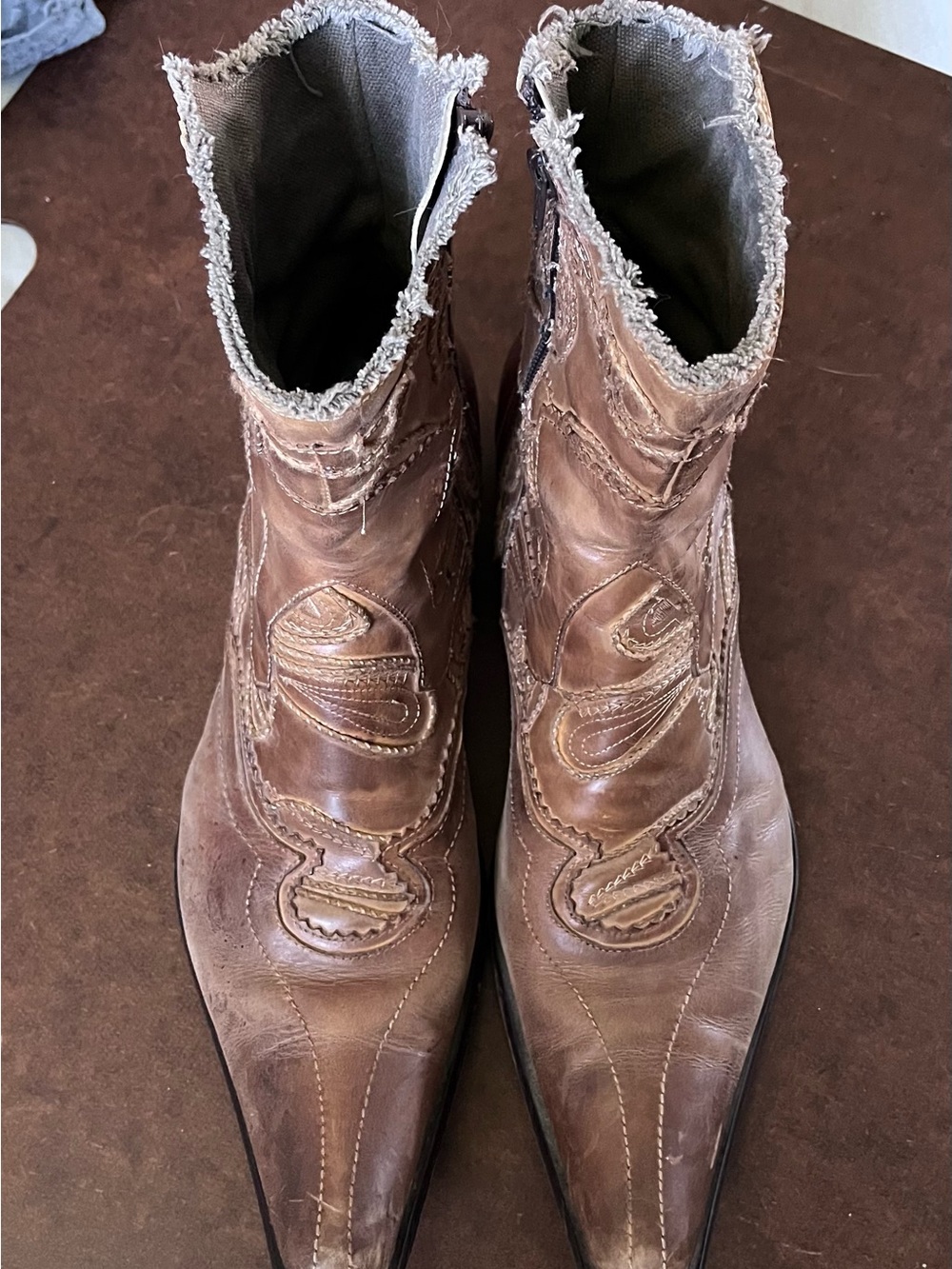 Aldo Men’s Tan Embroidered Distressed Leather Western Ankle Boots US44 SZ11